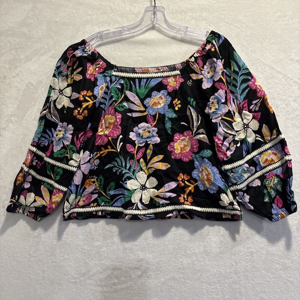 C&C California Linen Floral Square Neck Puff Sleeve Boxy Top Blouse Womens Small